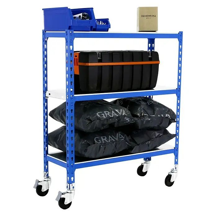 Simonrack Simonclick Estantería metálica Mobile - L x An x Al: 50 x 90 x 97,5 cm, Capacidad de carga: 75 kg/balda, Número de baldas: 3 ud., Inserción, Azul - Producto en uso