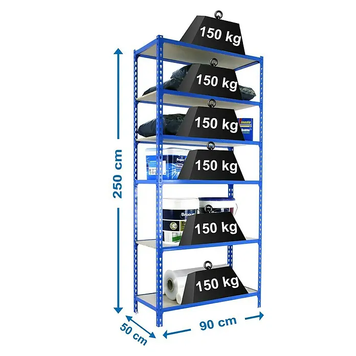 Simonrack Maderclick Estantería metálica - L x An x Al: 50 x 90 x 250 cm, Capacidad de carga: 150 kg/balda, Número de baldas: 6 ud., Inserción, Azul - Dibujo técnico