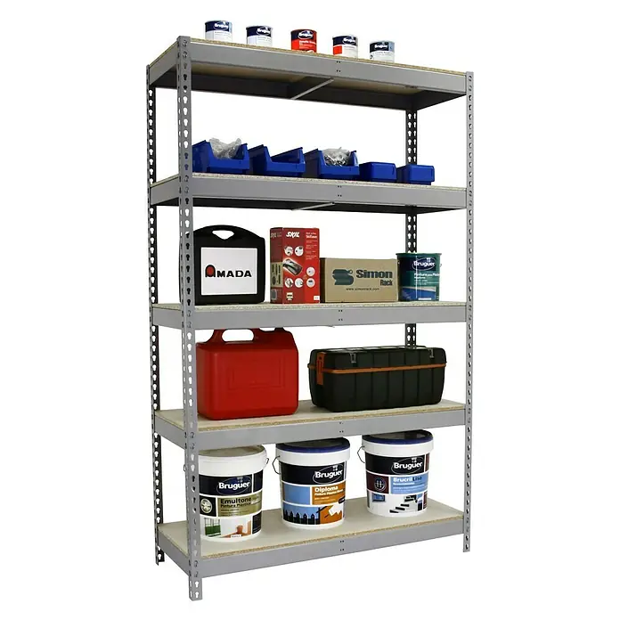 Simonrack Ecoforte Estantería para cargas pesadas Chipboard - L x An x Al: 60 x 150 x 200 cm, Capacidad de carga: 400 kg/balda, Número de baldas: 5 ud., Gris - Producto en uso