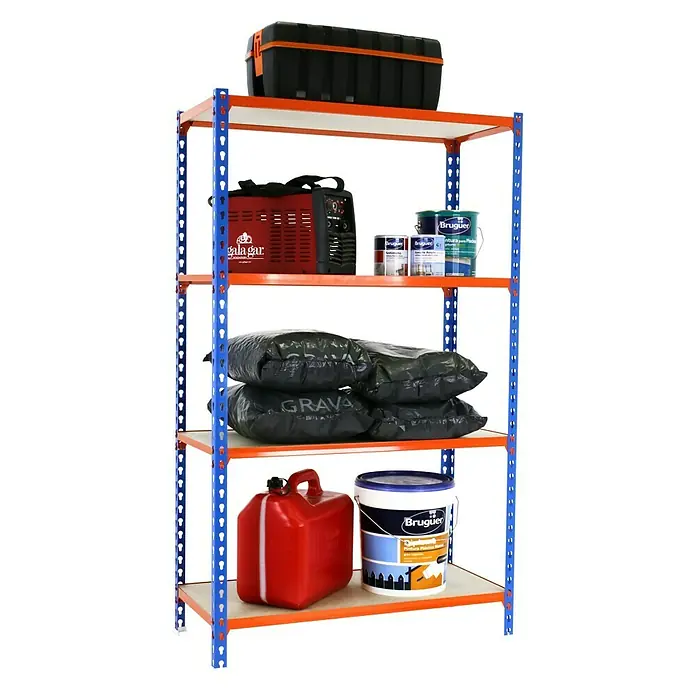 Simonrack Maderclick Estantería metálica Megaplus - L x An x Al: 30 x 120 x 150 cm, Capacidad de carga: 200 kg/balda, Número de baldas: 4 ud., Inserción, Azul/Naranja - Producto en uso
