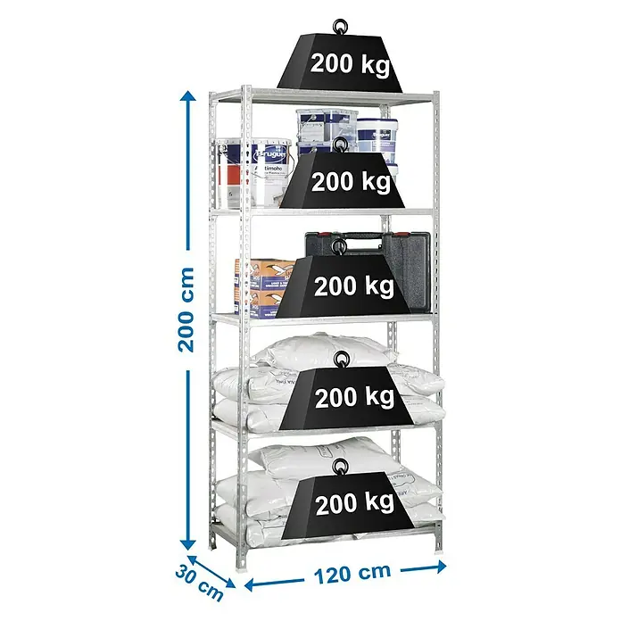 Simonrack Maderclick Estantería metálica Megaplus - L x An x Al: 30 x 120 x 200 cm, Capacidad de carga: 200 kg/balda, Número de baldas: 5 ud., Inserción, Galvanizado - Dibujo técnico