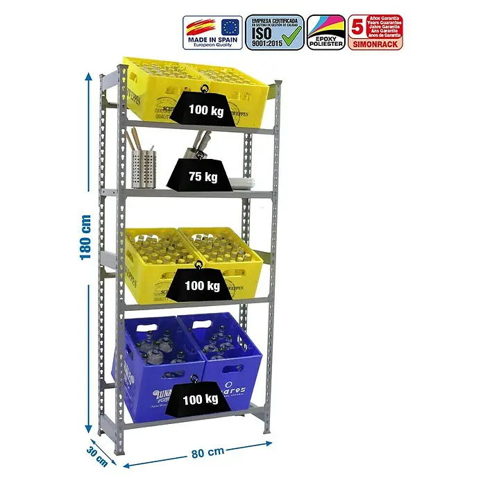 Simonrack Simonbottle Estantería para cajas de bebidas Shelf - L x An x Al: 30 x 80 x 100 cm, Capacidad de carga: 100 kg/balda, Número de baldas: 4 ud., Gris - Dibujo técnico