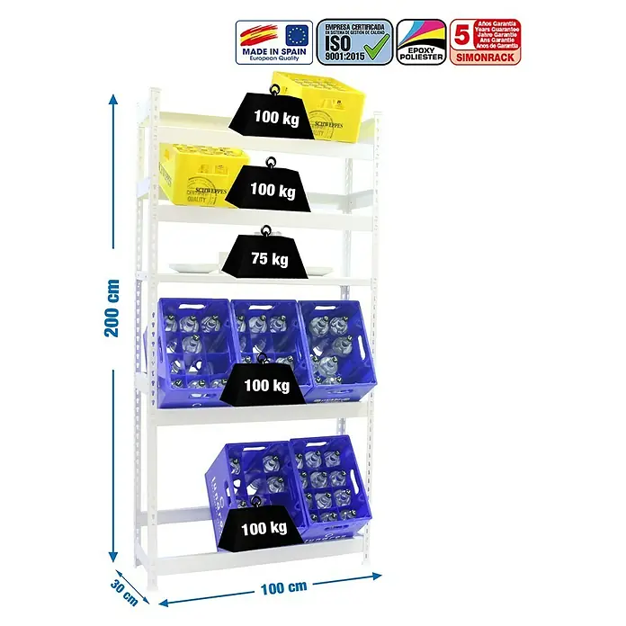 Simonrack Simonbottle Estantería para cajas de bebidas Shelf - L x An x Al: 30 x 100 x 200 cm, Capacidad de carga: 100 kg/balda, Número de baldas: 5 ud., Blanco - Dibujo técnico