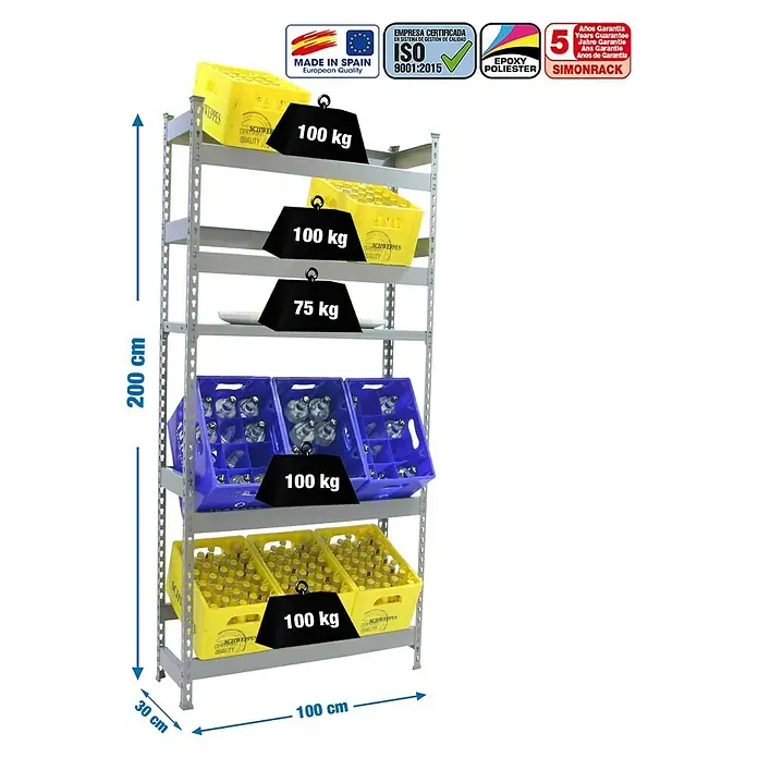 Simonrack Simonbottle Estantería para cajas de bebidas Shelf - L x An x Al: 30 x 100 x 200 cm, Capacidad de carga: 100 kg/balda, Número de baldas: 5 ud., Gris - Dibujo técnico
