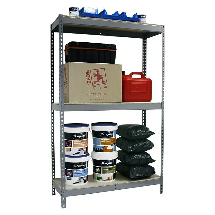 Simonrack Ecoforte Estantería para cargas pesadas Chipboard - L x An x Al: 45 x 180 x 200 cm, Capacidad de carga: 400 kg/balda, Número de baldas: 3 ud., Gris - Producto en uso