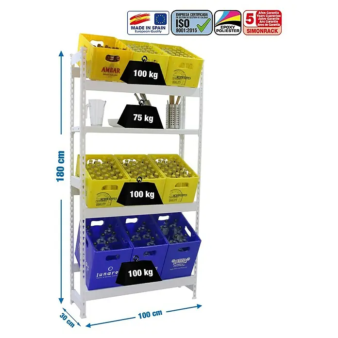 Simonrack Simonbottle Estantería para cajas de bebidas Shelf - L x An x Al: 30 x 100 x 100 cm, Capacidad de carga: 100 kg/balda, Número de baldas: 4 ud., Blanco - Dibujo técnico