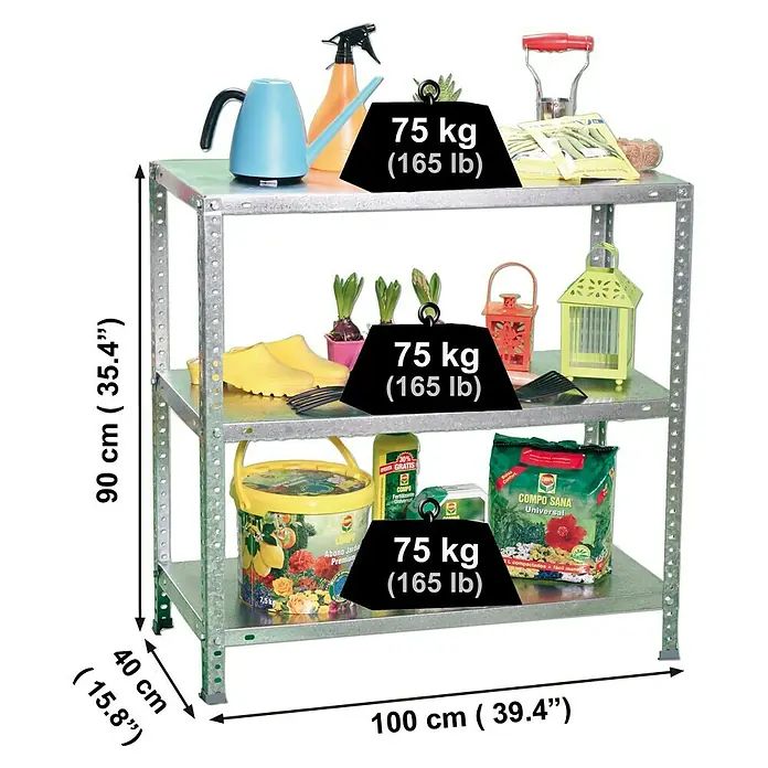Simonrack Simonclassic Estantería metálica Advantage Plus - L x An x Al: 40 x 100 x 90 cm, Capacidad de carga: 75 kg/balda, Número de baldas: 3 ud., Atornillado, Galvanizado - Dibujo técnico