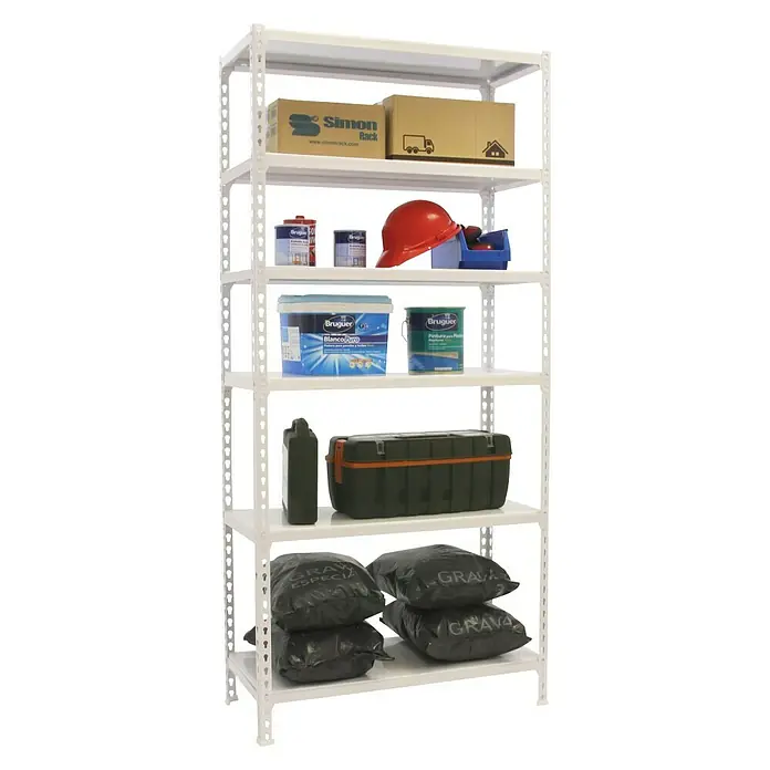 Simonrack Simonclick Estantería metálica Megaplus - L x An x Al: 40 x 120 x 250 cm, Capacidad de carga: 200 kg/balda, Número de baldas: 6 ud., Inserción, Blanco - Producto en uso