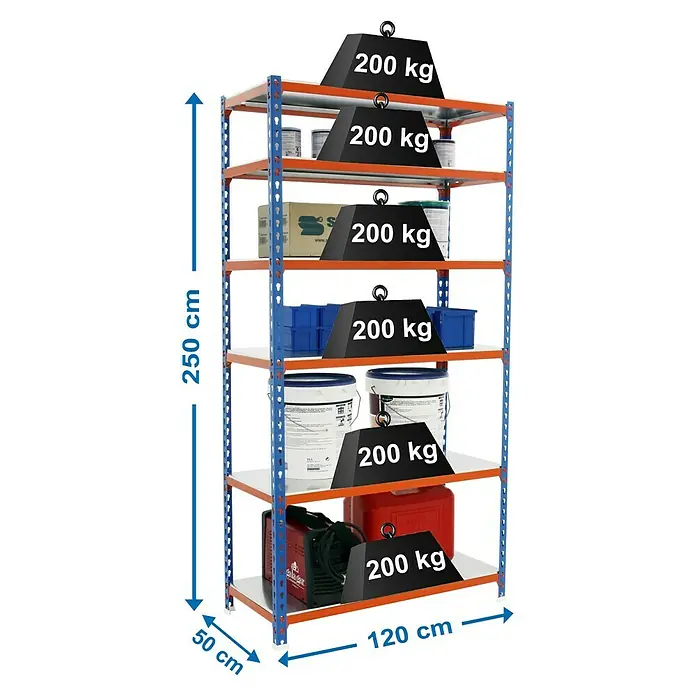 Simonrack Simonclick Estantería metálica Megaplus - L x An x Al: 50 x 120 x 250 cm, Capacidad de carga: 200 kg/balda, Número de baldas: 6 ud., Inserción, Azul/Naranja - Dibujo técnico