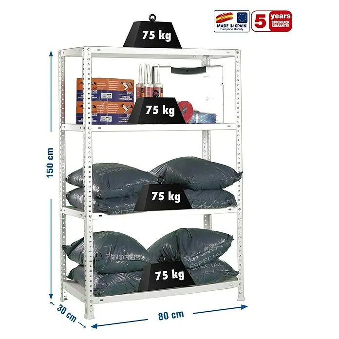 Simonrack Simonclassic Estantería metálica Advantage Mini - L x An x Al: 30 x 80 x 150 cm, Capacidad de carga: 75 kg/balda, Número de baldas: 4 ud., Atornillado, Blanco - Dibujo técnico