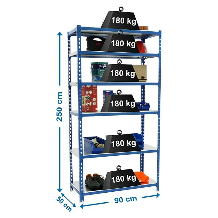Simonrack Simonclick Estantería metálica - L x An x Al: 50 x 90 x 250 cm, Capacidad de carga: 180 kg/balda, Número de baldas: 6 ud., Inserción, Azul/Galvanizado - Dibujo técnico