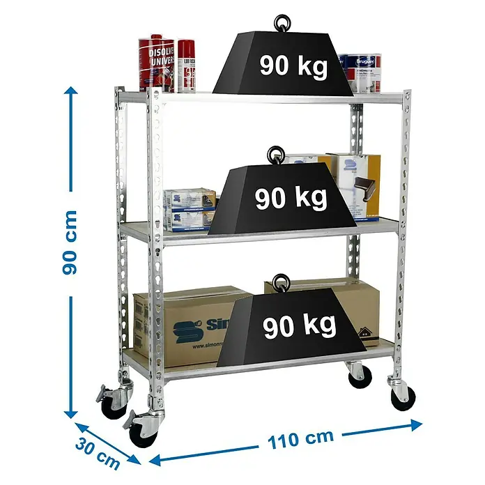 Simonrack Maderclick Estantería metálica Mobile Superplus - L x An x Al: 30 x 110 x 97,5 cm, Capacidad de carga: 75 kg/balda, Número de baldas: 3 ud., Inserción, Galvanizado - Dibujo técnico