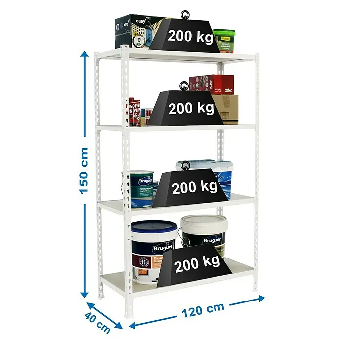 Simonrack Maderclick Estantería metálica Megaplus - L x An x Al: 40 x 120 x 150 cm, Capacidad de carga: 200 kg/balda, Número de baldas: 4 ud., Inserción, Blanco - Dibujo técnico