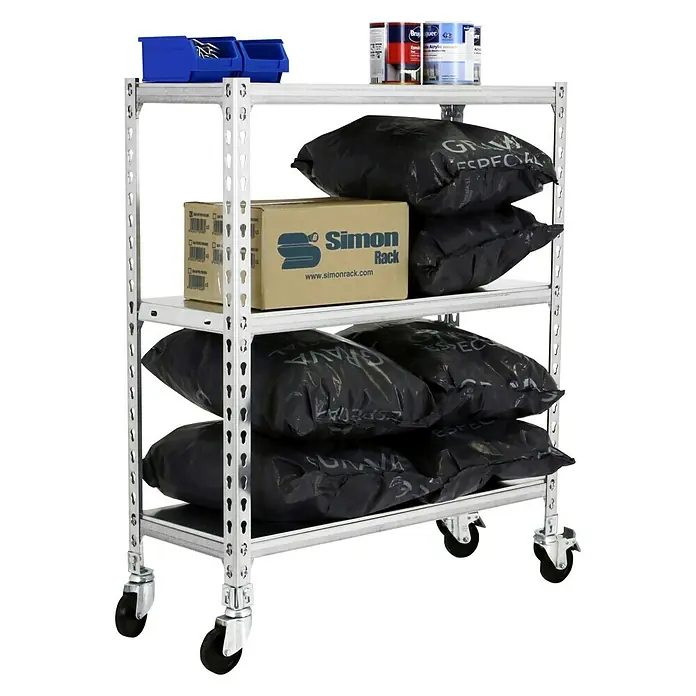Simonrack Simonclick Estantería metálica Mobile Superplus - L x An x Al: 30 x 110 x 97,5 cm, Capacidad de carga: 75 kg/balda, Número de baldas: 3 ud., Inserción, Galvanizado - Producto en uso
