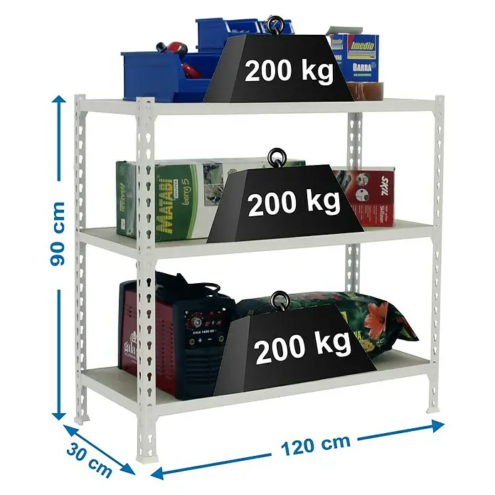 Simonrack Maderclick Estantería metálica Megaplus - L x An x Al: 30 x 120 x 90 cm, Capacidad de carga: 200 kg/balda, Número de baldas: 3 ud., Inserción, Blanco - Dibujo técnico
