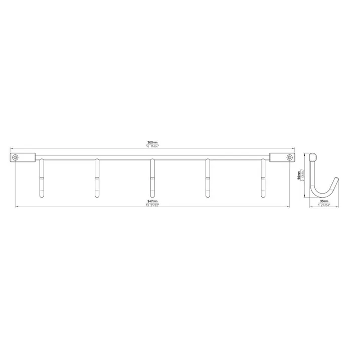 Siro Garderobenleiste - L x B x H: 360 x 56 x 36 mm, Anzahl Haken: 5 Stk. - Skizze