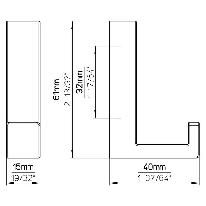 Siro Garderobenhaken - L x B x H: 15 x 61 x 40 mm, Anzahl Haken: 1 Stk., Schwarz - Skizze