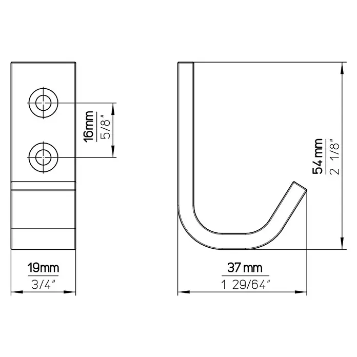 Siro Garderobenhaken - L x B x H: 19 x 54 x 37 mm, Anzahl Haken: 1 Stk. - Skizze
