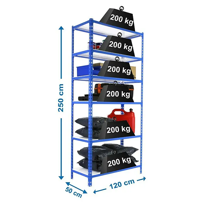 Simonrack Simonclick Estantería metálica Megaplus - L x An x Al: 50 x 120 x 250 cm, Capacidad de carga: 200 kg/balda, Número de baldas: 6 ud., Inserción, Azul/Blanco - Dibujo técnico