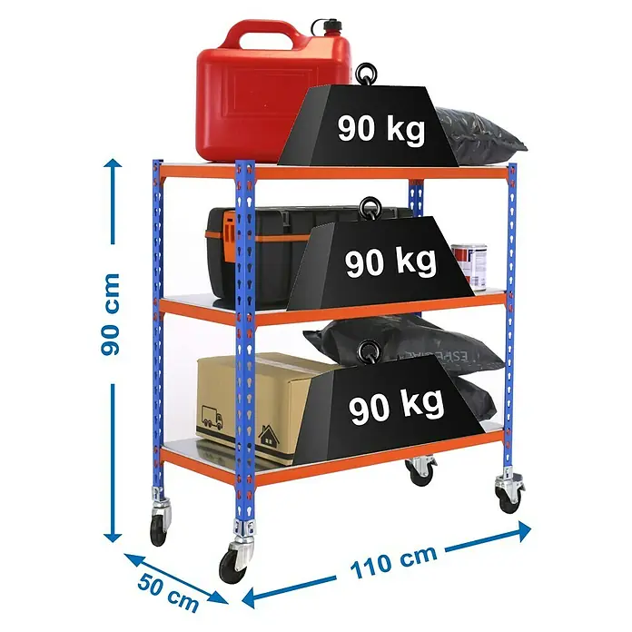Simonrack Simonclick Estantería metálica Mobile Superplus - L x An x Al: 50 x 110 x 90 cm, Capacidad de carga: 75 kg/balda, Número de baldas: 3 ud., Inserción, Blanco - Dibujo técnico