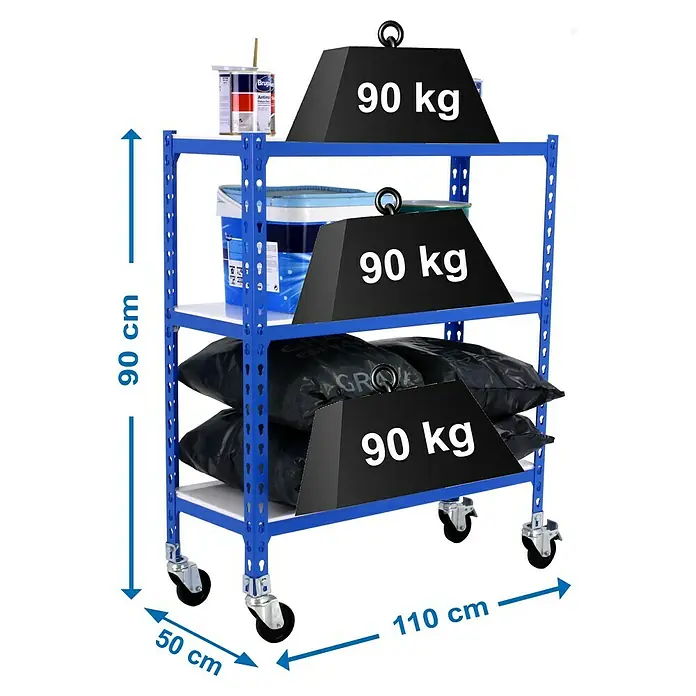 Simonrack Simonclick Estantería metálica Mobile Superplus - L x An x Al: 50 x 110 x 97,5 cm, Capacidad de carga: 75 kg/balda, Número de baldas: 3 ud., Inserción, Azul/Blanco - Dibujo técnico
