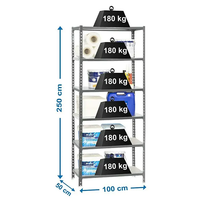 Simonrack Simonclick Estantería metálica Plus - L x An x Al: 50 x 100 x 250 cm, Capacidad de carga: 180 kg/balda, Número de baldas: 6 ud., Inserción, Gris - Dibujo técnico