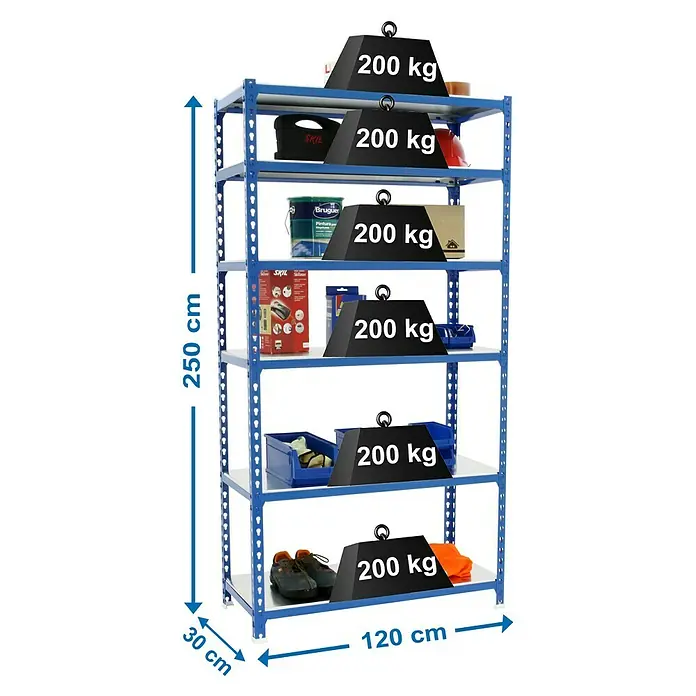 Simonrack Simonclick Estantería metálica Megaplus - L x An x Al: 30 x 120 x 250 cm, Capacidad de carga: 200 kg/balda, Número de baldas: 6 ud., Inserción, Azul - Dibujo técnico