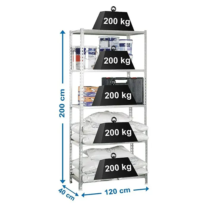 Simonrack Maderclick Estantería metálica Megaplus - L x An x Al: 40 x 120 x 200 cm, Capacidad de carga: 200 kg/balda, Número de baldas: 5 ud., Inserción, Galvanizado - Dibujo técnico