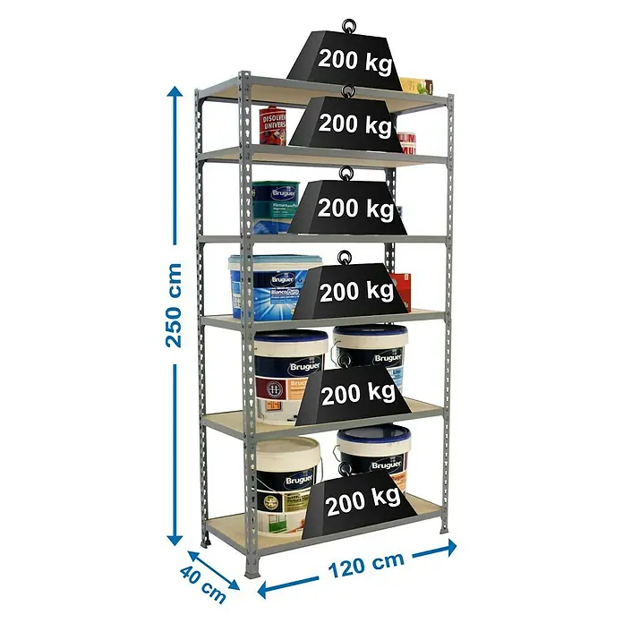 Simonrack Maderclick Estantería metálica Megaplus - L x An x Al: 40 x 120 x 250 cm, Capacidad de carga: 200 kg/balda, Número de baldas: 6 ud., Inserción, Gris - Dibujo técnico