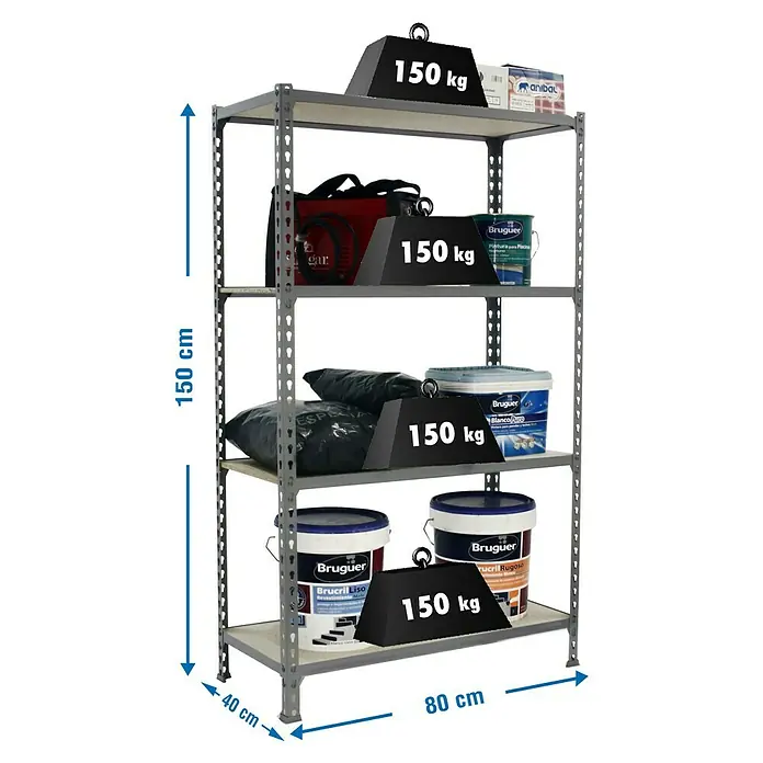 Simonrack Maderclick Estantería metálica Mini - L x An x Al: 40 x 80 x 150 cm, Capacidad de carga: 150 kg/balda, Número de baldas: 4 ud., Gris - Dibujo técnico