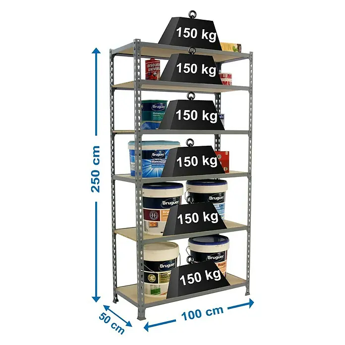 Simonrack Maderclick Estantería metálica Plus - L x An x Al: 50 x 100 x 250 cm, Capacidad de carga: 150 kg/balda, Número de baldas: 6 ud., Inserción, Gris - Dibujo técnico