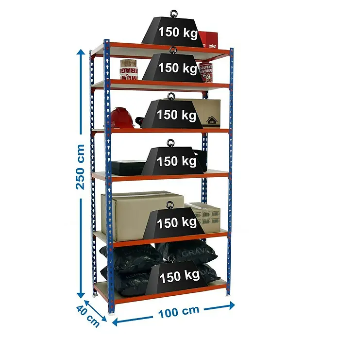 Simonrack Maderclick Estantería metálica Plus - L x An x Al: 40 x 100 x 250 cm, Capacidad de carga: 150 kg/balda, Número de baldas: 6 ud., Inserción, Azul/Naranja - Dibujo técnico