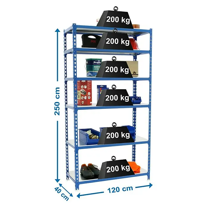 Simonrack Simonclick Estantería metálica Megaplus - L x An x Al: 40 x 120 x 250 cm, Capacidad de carga: 200 kg/balda, Número de baldas: 6 ud., Inserción, Azul - Dibujo técnico