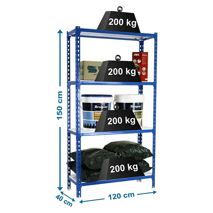 Simonrack Simonclick Estantería metálica Megaplus - L x An x Al: 40 x 120 x 150 cm, Capacidad de carga: 200 kg/balda, Número de baldas: 4 ud., Inserción, Azul/Blanco - Dibujo técnico