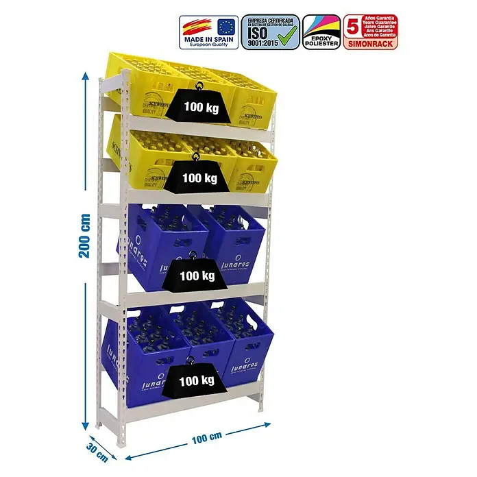 Simonrack Simonbottle Estantería para cajas de bebidas - L x An x Al: 30 x 100 x 200 cm, Capacidad de carga: 100 kg/balda, Número de baldas: 4 ud., Blanco - Dibujo técnico