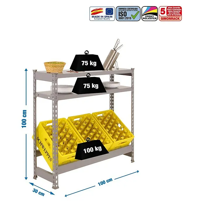 Simonrack Simonbottle Estantería para cajas de bebidas Shelf - L x An x Al: 30 x 100 x 100 cm, Capacidad de carga: 100 kg/balda, Número de baldas: 3 ud., Gris - Dibujo técnico
