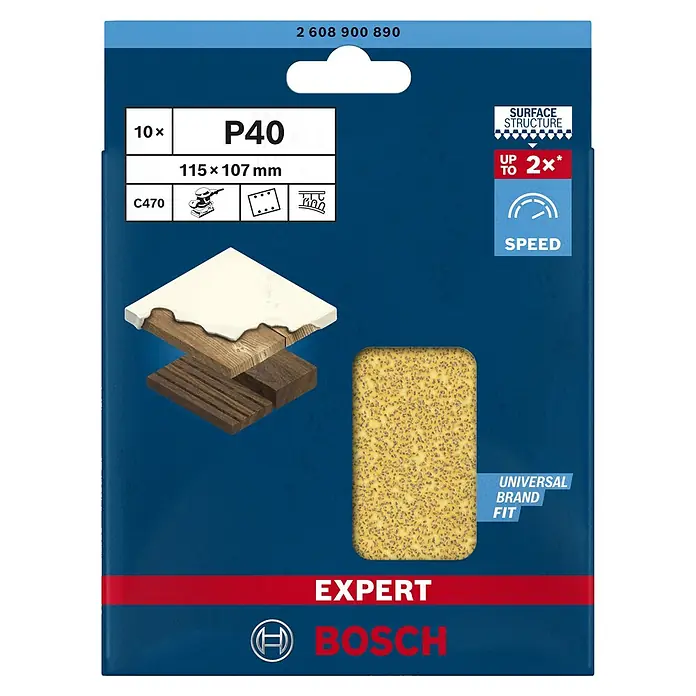 Bosch Expert Schleifblätter C470 - Körnung: 40, 115 x 107 mm, Klettbefestigung, 10 Stk. - Vorderansicht