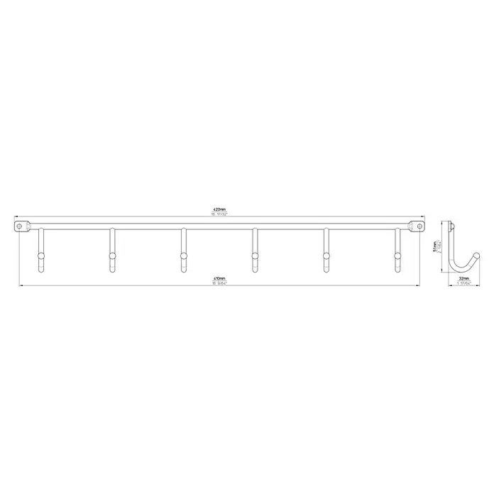 Siro Garderobenleiste 2081-420ZN1 - L x B x H: 420 x 53 x 32 mm, Anzahl Haken: 6 Stk. - Skizze