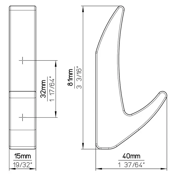 Siro Garderobenhaken 2432/ZN75 - L x B x H: 15 x 81 x 40 mm, Anzahl Haken: 1 Stk. - Skizze