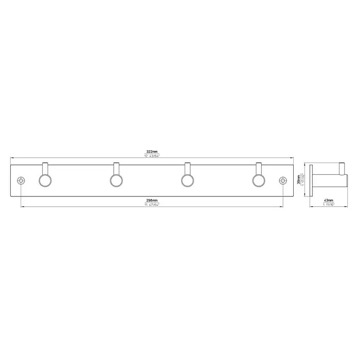 Siro Garderobenleiste 2452-322 - L x B x H: 322 x 38 x 43 mm, Anzahl Haken: 4 Stk., Schwarz - Skizze