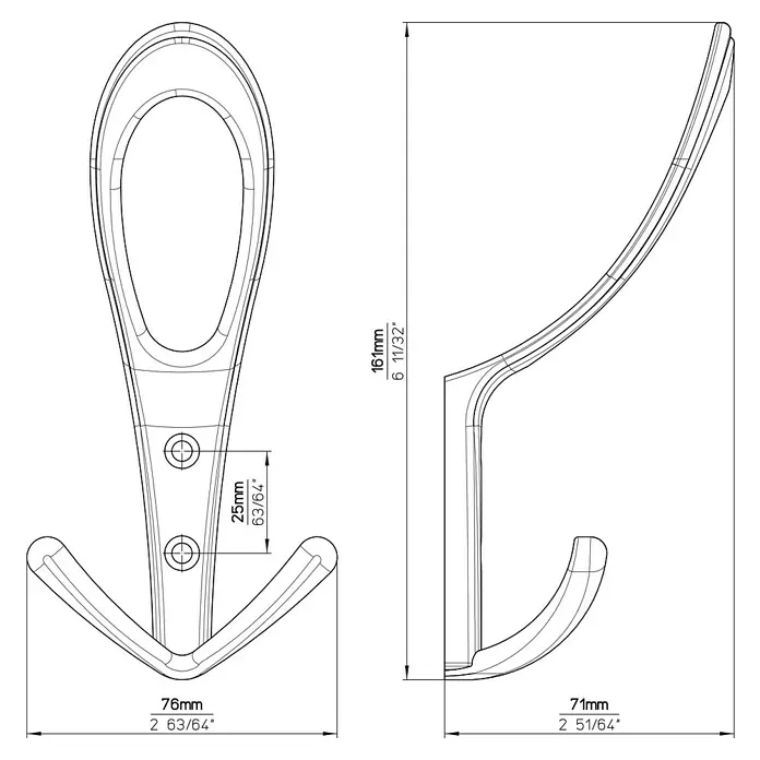 Siro Garderobenhaken 1653/ZN21 - L x B x H: 76 x 161 x 71 mm, Anzahl Haken: 1 Stk. - Skizze