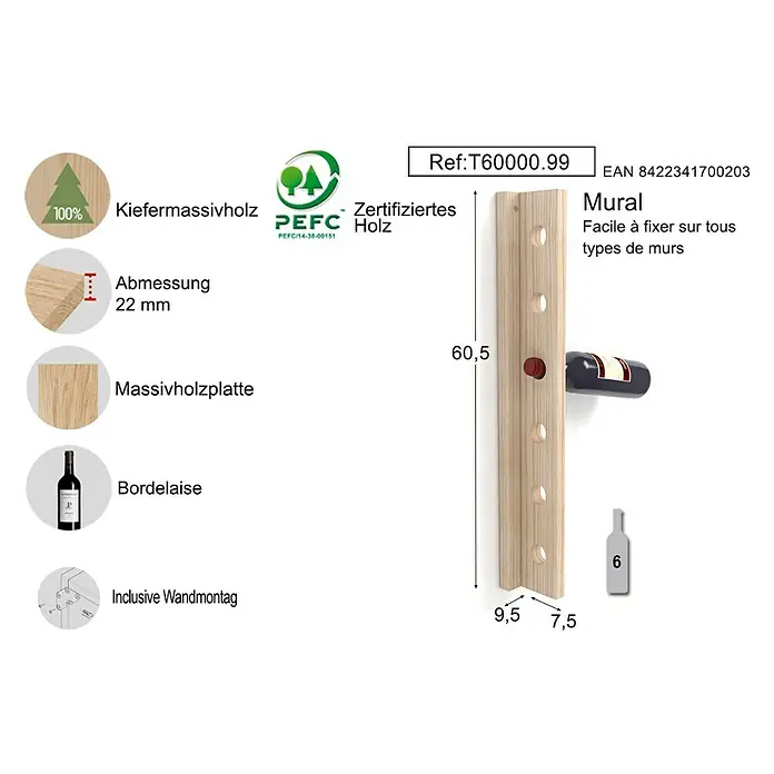 Astigarraga Weinregal - L x B x H: 60,5 x 7,5 x 9,5 cm, Anzahl Flaschen: 6 Stk. - Skizze