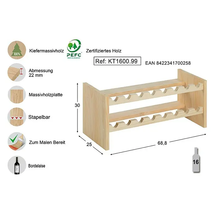 Astigarraga Weinregal - L x B x H: 25 x 68 x 30 cm, Anzahl Flaschen: 16 Stk. - Skizze