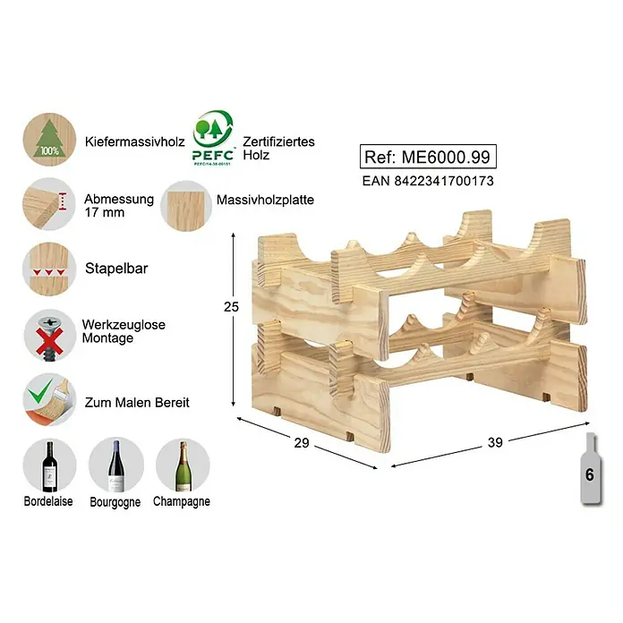 Astigarraga Weinregal - L x B x H: 29 x 39 x 25 cm, Anzahl Flaschen: 6 Stk. - Skizze