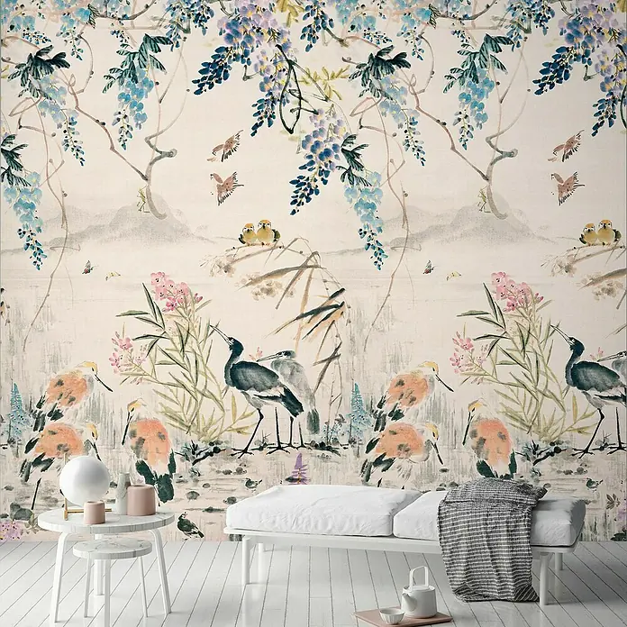 Papel pintado mural Grullas japonés - Multicolor, Floral, 10 x 0,53 m - Foto ambiente