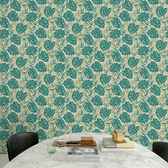 Papel pintado Hoja Monstera Botanic - Verde/Beige, Motivo decorativo, 10 x 0,53 m - Foto ambiente