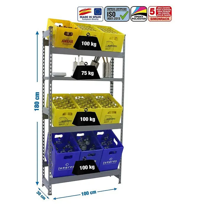 Simonrack Simonbottle Estantería para cajas de bebidas Shelf - L x An x Al: 30 x 100 x 100 cm, Capacidad de carga: 100 kg/balda, Número de baldas: 4 ud., Gris - Dibujo técnico
