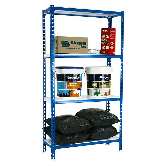 Simonrack Simonclick Estantería metálica Plus - L x An x Al: 40 x 100 x 150 cm, Capacidad de carga: 180 kg/balda, Número de baldas: 4 ud., Inserción, Azul/Blanco - Vista angular