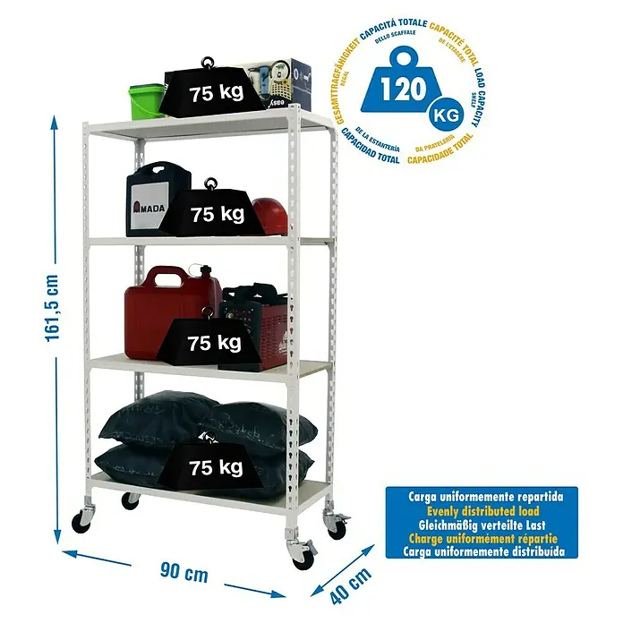 Simonrack Maderclick Estantería metálica Mobile - L x An x Al: 40 x 90 x 157,5 cm, Capacidad de carga: 75 kg/balda, Número de baldas: 4 ud., Inserción, Blanco - Dibujo técnico