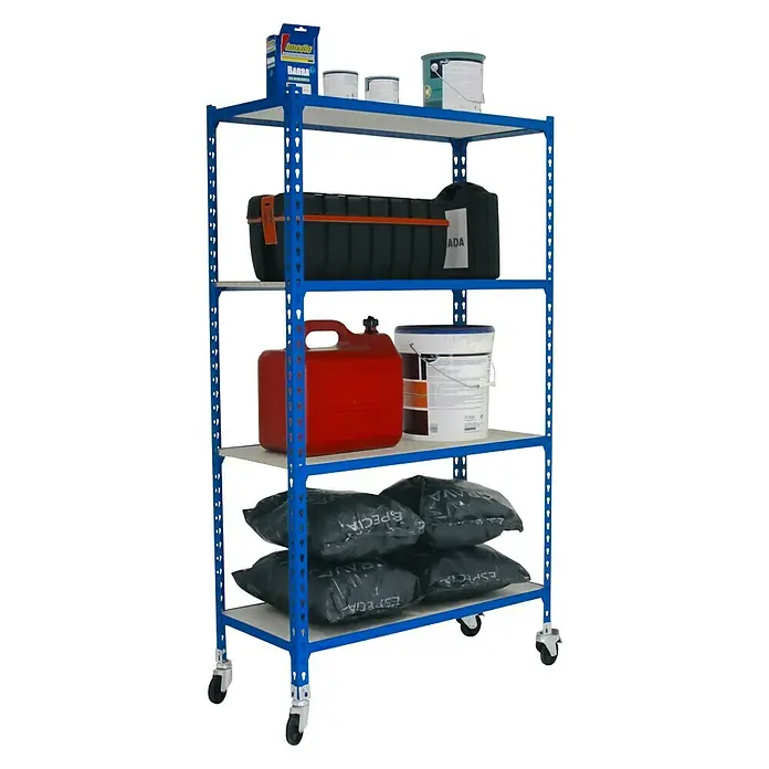 Simonrack Maderclick Estantería metálica Mobile Mini - L x An x Al: 30 x 80 x 157,5 cm, Capacidad de carga: 75 kg/balda, Número de baldas: 4 ud., Inserción, Azul - Vista angular